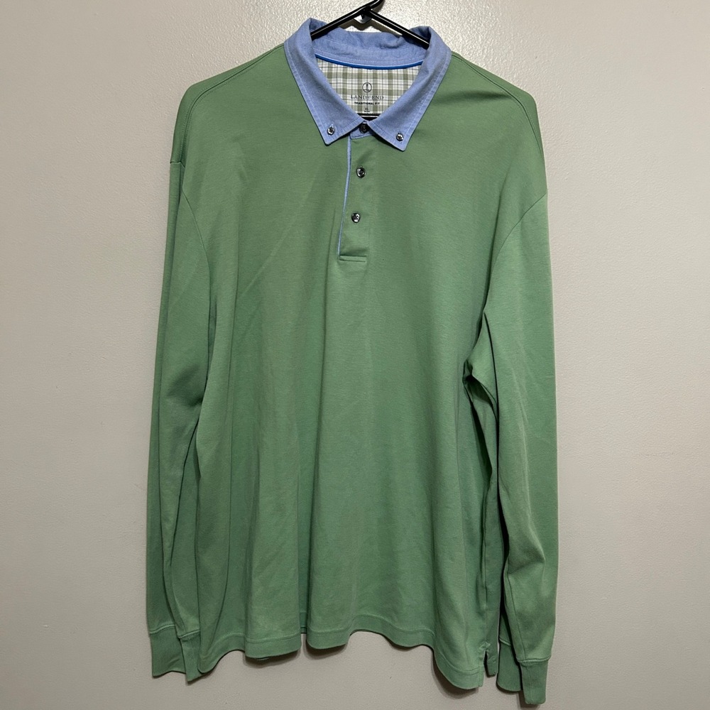 Lands End Polo Shirt Mens XL 46-48 Green Cotton Long Rugby Sleeve Button Down